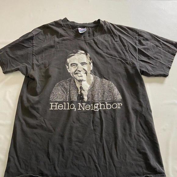 Mens HANES Black Vintage 1996 Mr Rogers Hello Neighbor T Shirt Sz L